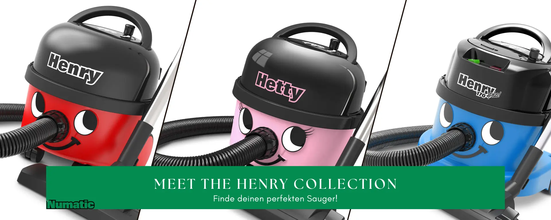 Numatic Henry Staubsauger in rot, pink und blau mit Schlauchsystem für die Gebäudereinigung