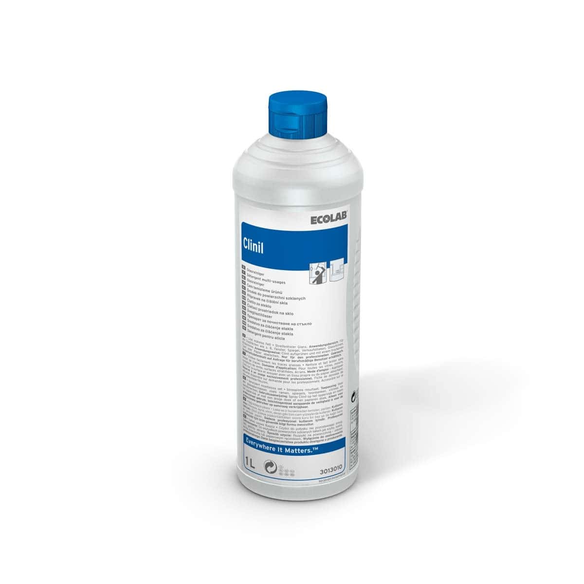 Ecolab Clinil Glasreinigerflasche Ecolab Clinil Glasreinigerflasche mit blauem Verschluss und Etikett.