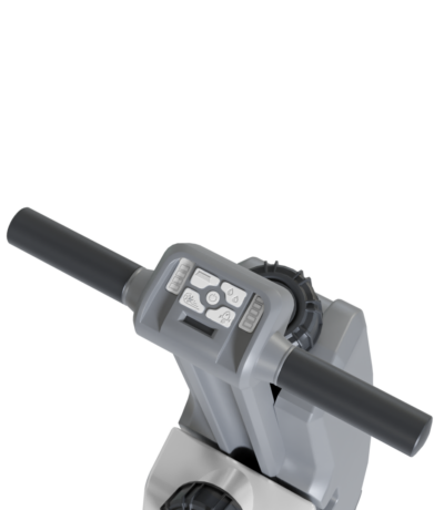 Detailansicht des Bedienfelds und der Griffe der Scheuersaugmaschine Excentr Daily X1.
