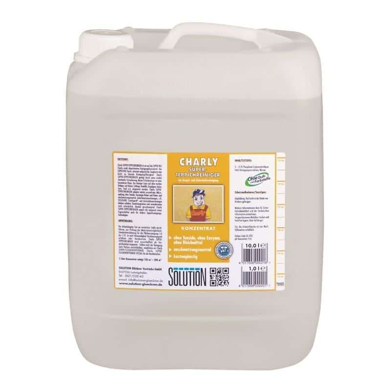 Charly Super Teppichreiniger Konzentrat im 10-Liter-Kanister mit gelbem Etikett für professionelle Teppichreinigung Charly Super Teppichreiniger Konzentrat im 10-Liter-Kanister mit gelbem Etikett für professionelle Teppichreinigung