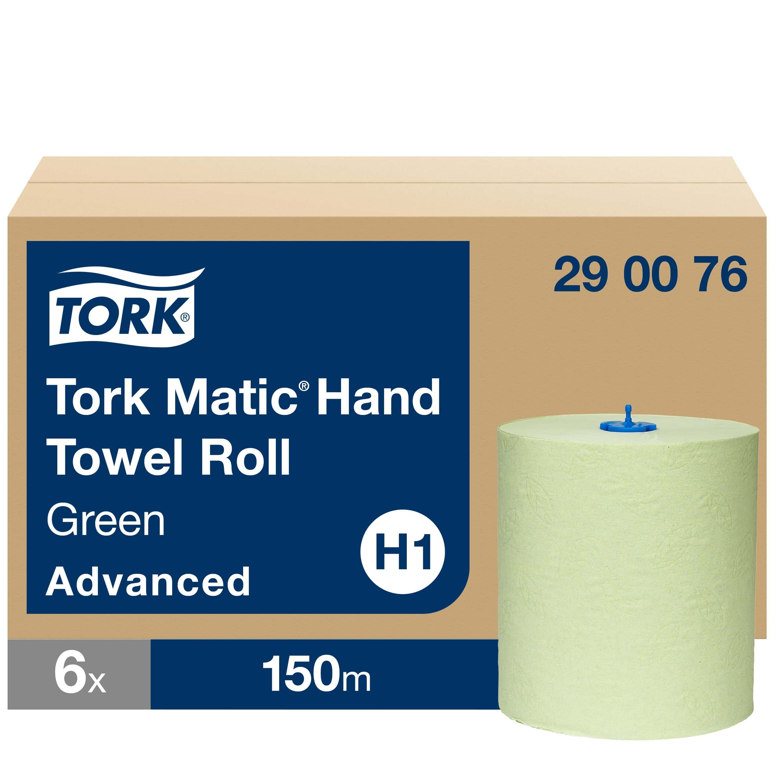 Tork Matic Handtuchrolle Grün H1 Tork Matic Handtuchrolle in Grün mit sichtbaren Verpackungsdetails.