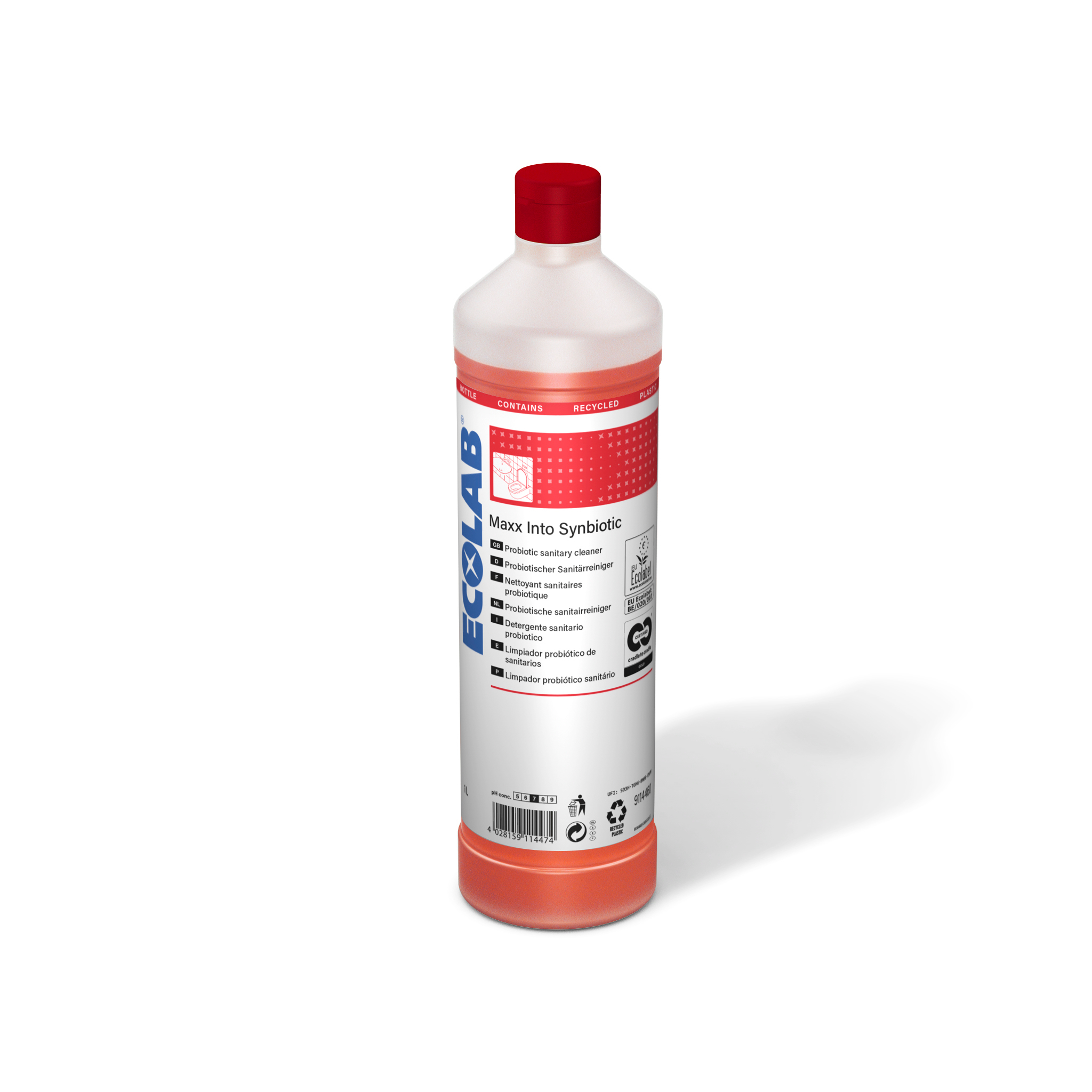 Ecolab Maxx Into Synbiotic Sanitärreiniger in der 1-Liter-Flasche mit rotem Verschluss für die professionelle Gebäudereinigung
