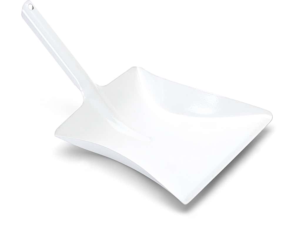 Robuste Kehrschaufel aus weißem Metall Robuste weiße Kehrschaufel aus Metall mit geradem Griff.