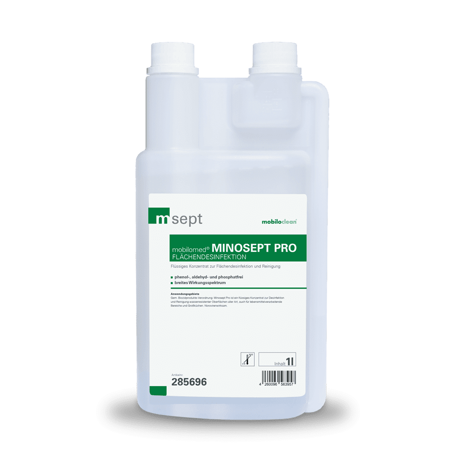 Mobilomed Minosept Pro Desinfektionskonzentrat Mobilomed Minosept Pro Desinfektionskonzentrat in der 1-Liter-Dosierflasche zur professionellen Flächendesinfektion