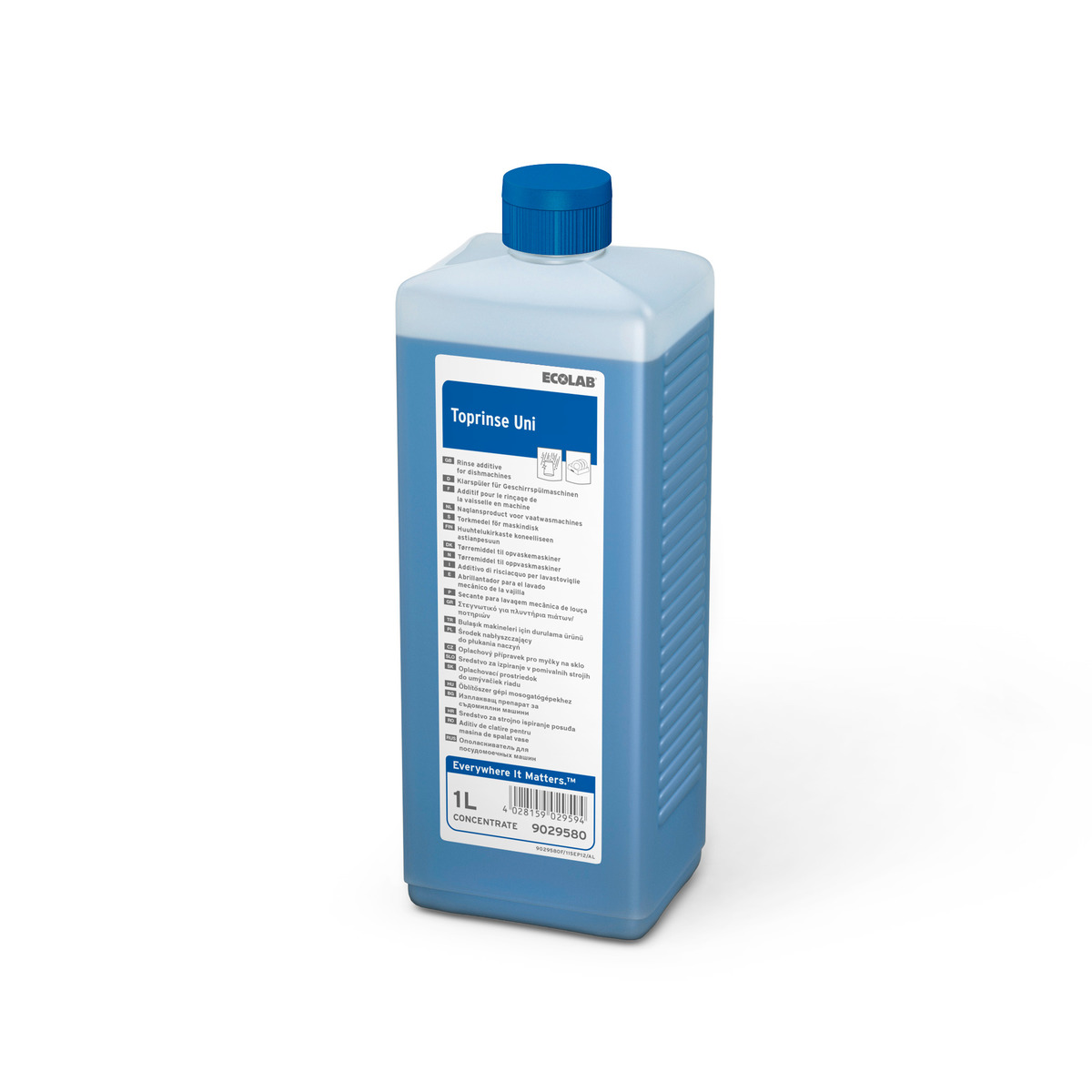 Ecolab Toprinse Uni Klarspüler in einer 1-Liter-Flasche mit blauem Verschluss für die professionelle Reinigung von Geschirrspülmaschinen