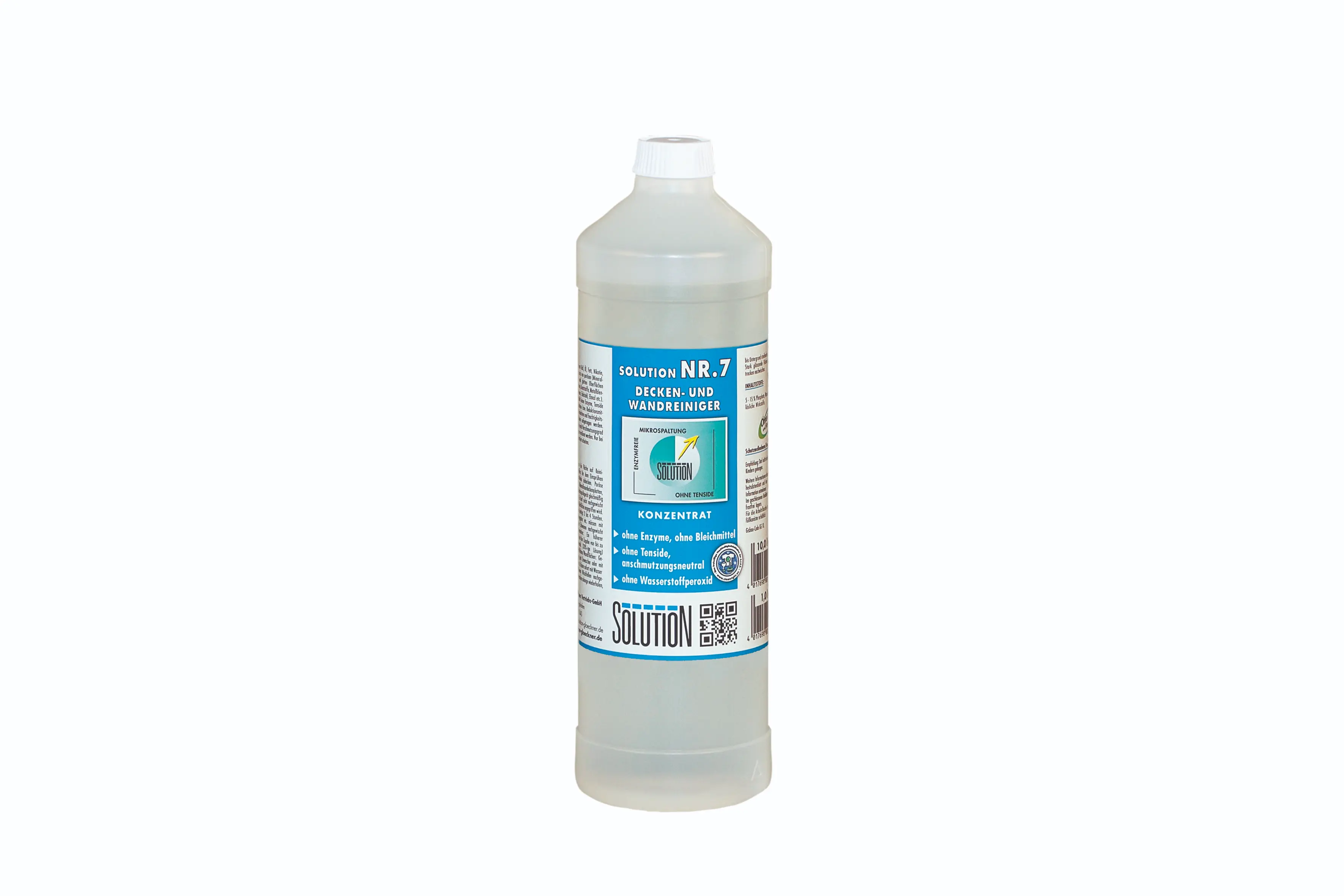 LÖSUNG Nr. 7 Decken- und Wandreiniger Konzentrat in transparenter Flasche mit blauem Etikett LÖSUNG Nr. 7 Decken- und Wandreiniger Konzentrat in transparenter Flasche mit blauem Etikett