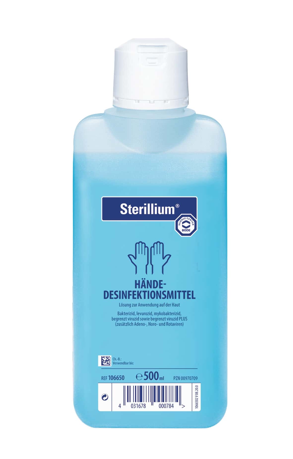 Sterillium Händedesinfektionsmittel, blaue Flasche mit weißem Schraubverschluss, 500ml Inhalt, für medizinische Händedesinfektion Sterillium Händedesinfektionsmittel, blaue Flasche mit weißem Schraubverschluss, 500ml Inhalt, für medizinische Händedesinfektion