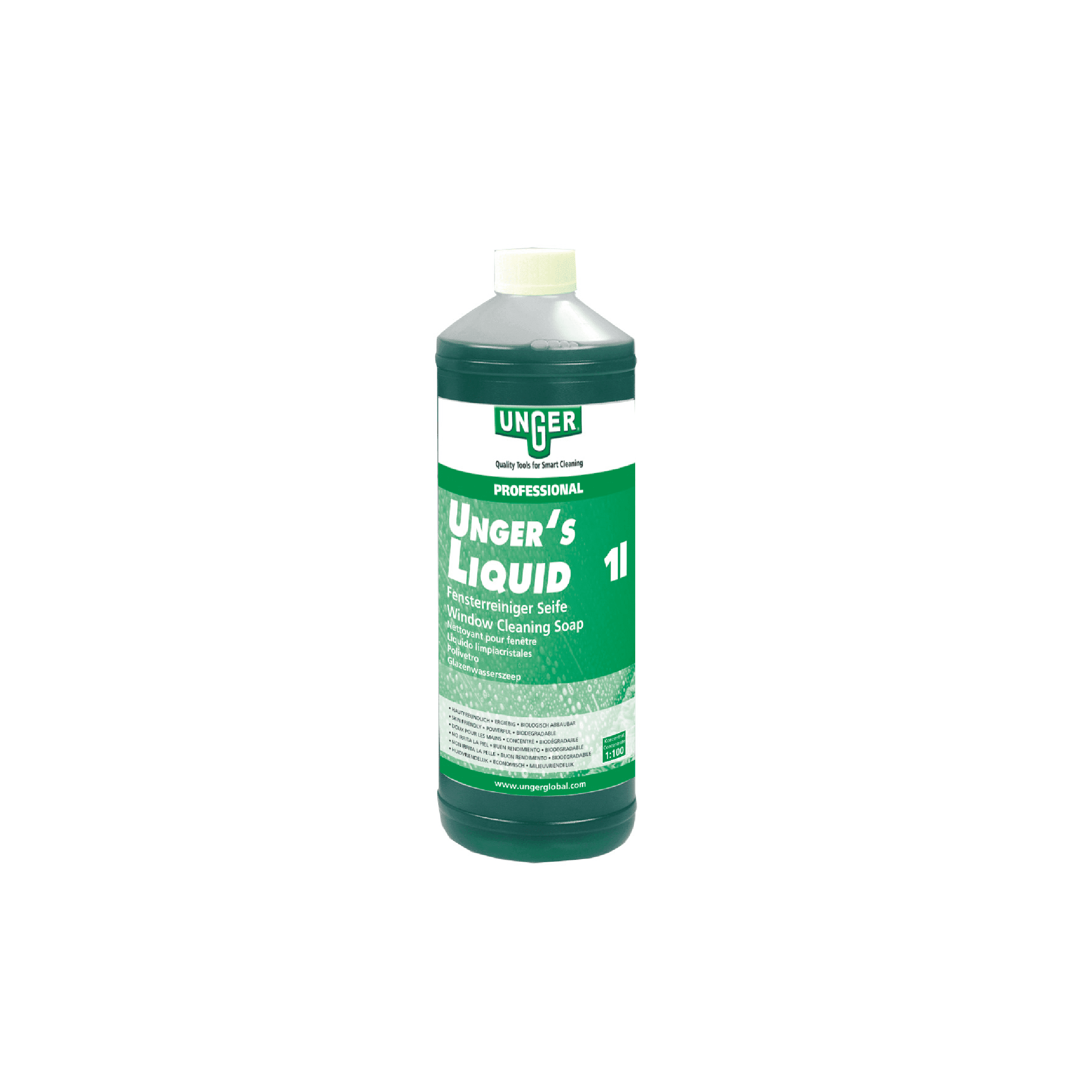Unger Flüssige Fensterreinigungsseife 1 Liter Unger Flüssige Fensterreinigungsseife in der 1-Liter-Flasche mit grünem Etikett für professionelle Glasreinigungsanwendungen