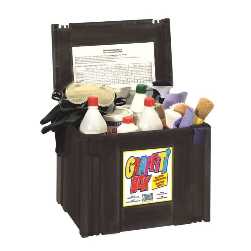 Graffiti-Entfernungsset im schwarzen Kunststoffkoffer mit verschiedenen Reinigungsflaschen, Bürsten, Schutzbrille und Handschuhen