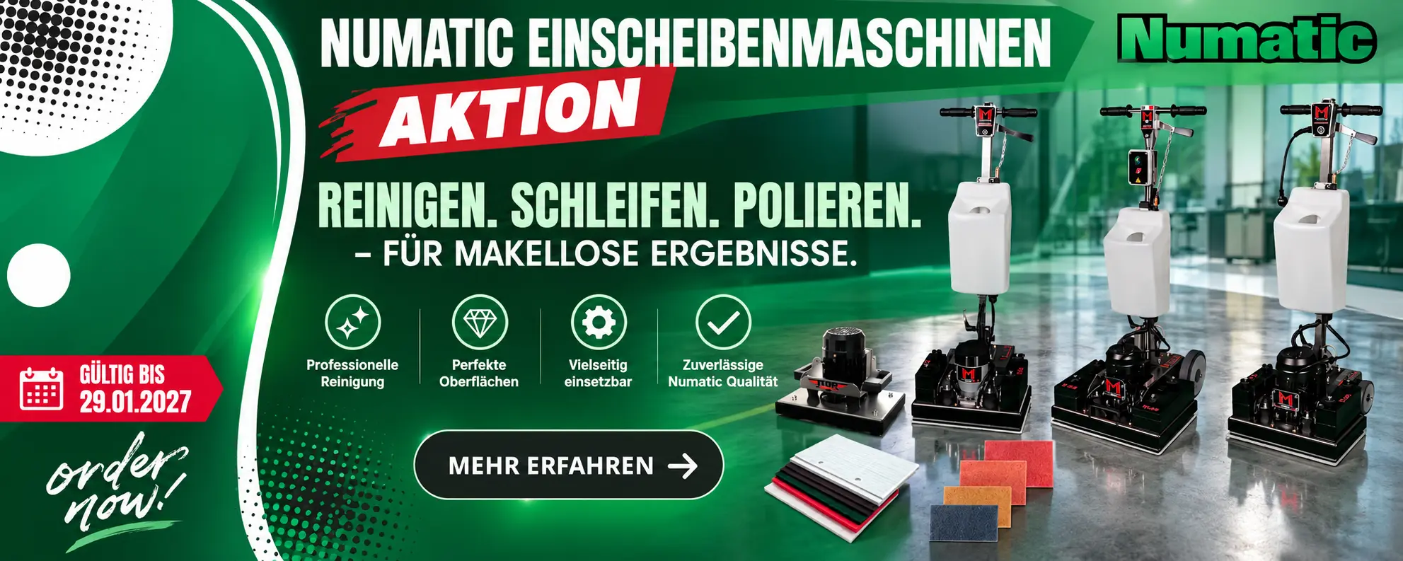 Numatic Einscheibenmaschinen Numatic Einscheibenmaschinen mit verschiedenen Reinigungspads im Werbebanner