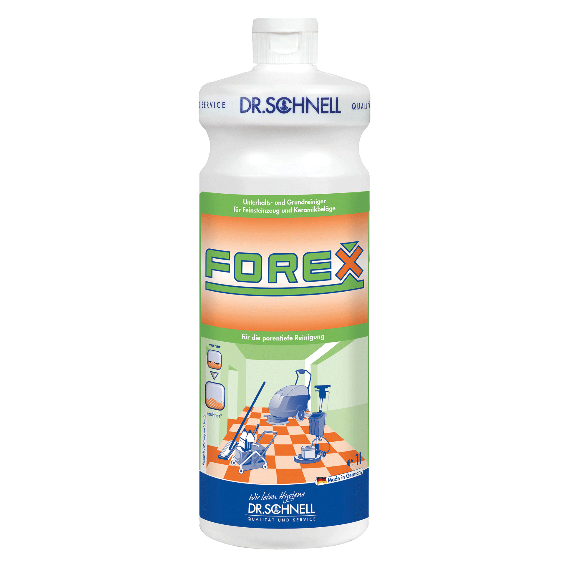 Dr. Schnell Forex Bodenreiniger in der 1-Liter-Flasche zur professionellen Tiefenreinigung von Keramikfliesen und -oberflächen