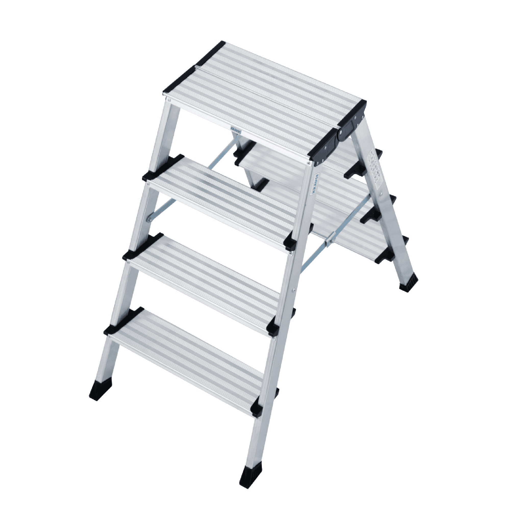 Doppelseitige Trittleiter aus Aluminium von Krause Krause Doppelstehleiter aus Aluminium mit vier breiten Stufen und schwarzen Sicherheitsfüßen für die professionelle Gebäudereinigung