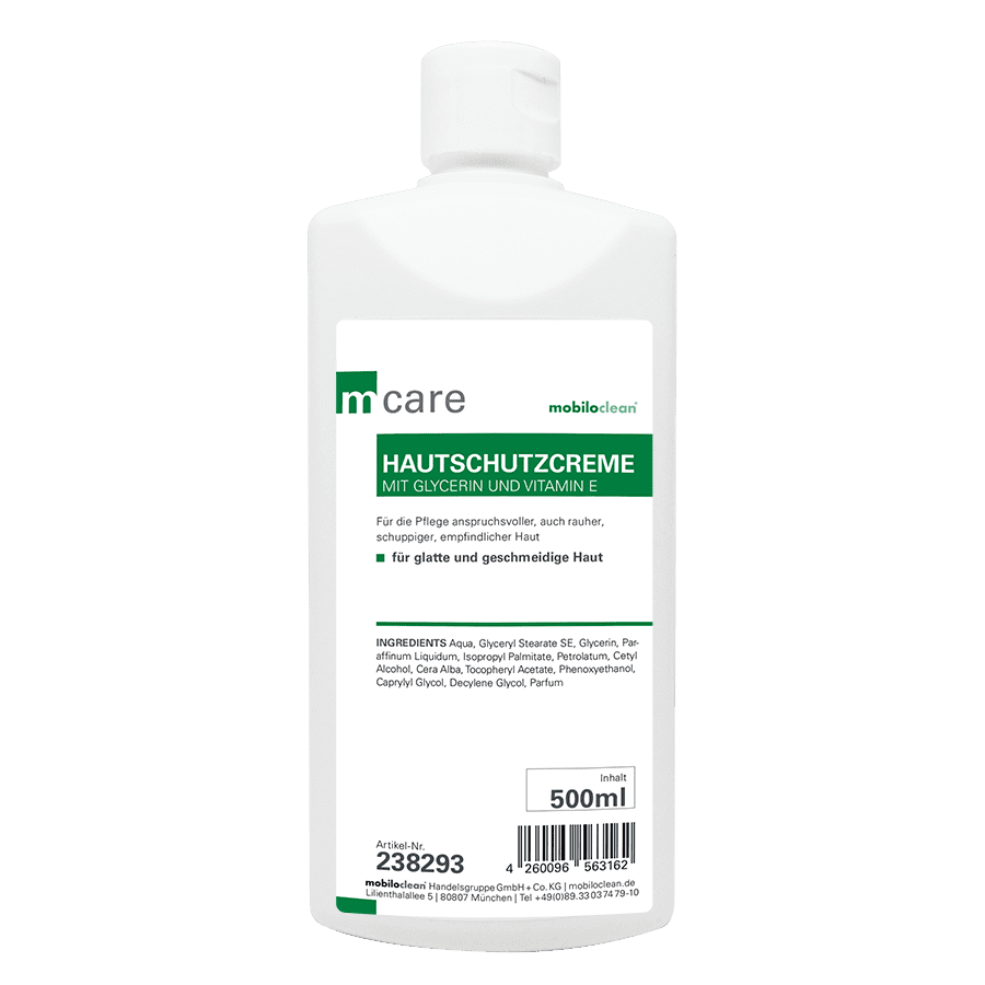 Hautschutzcreme mit Glycerin und Vitamin E Hautschutzcreme in Flasche mit sichtbarem Etikett und Inhalt von 500ml