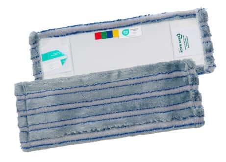 Mikrofaser-Moppkopf mit Farbcodierung Mikrofaser-Moppkopf mit grauen und blauen Streifen und farbcodierten Laschen für die professionelle Bodenreinigung in der Gebäudepflege