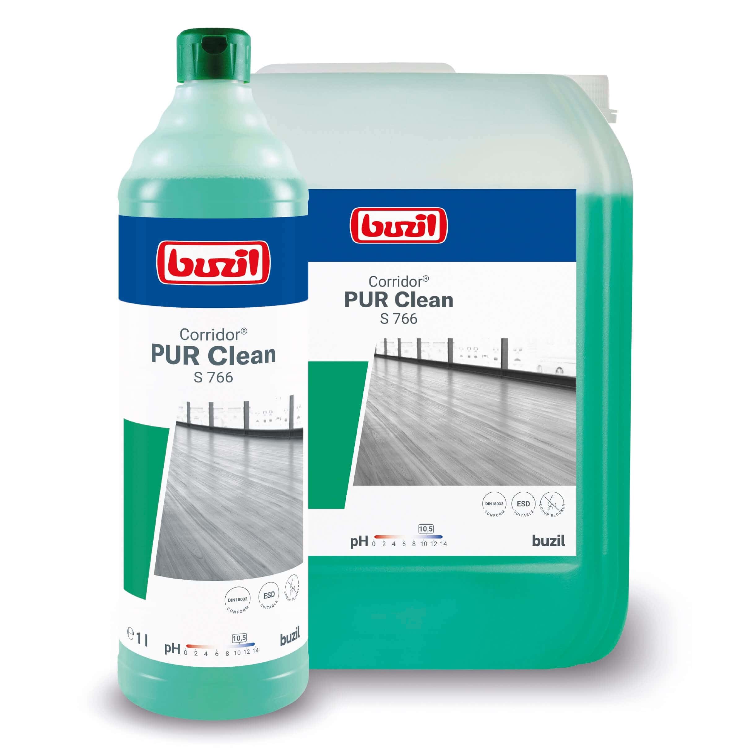 Buzil Corridor PUR Clean S 766 Bodenreiniger Buzil Corridor PUR Clean S 766 Bodenreiniger in einer Flasche und einem Kanister für die professionelle Bodenreinigung und -pflege