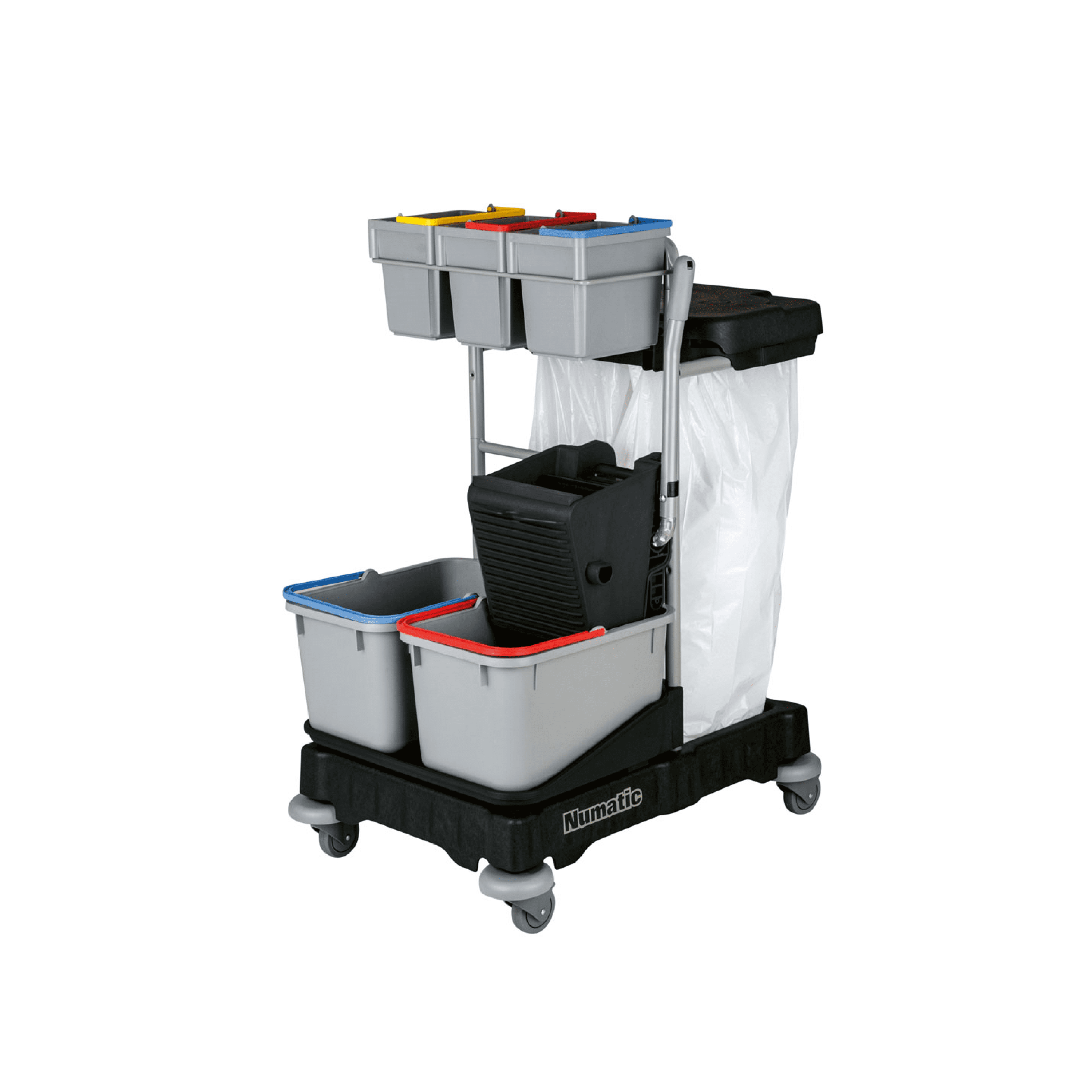 Numatic-Reinigungswagen mit farbcodierten Behältern Numatic-Reinigungswagen mit mehreren farbcodierten Behältern und Abfallbeutel.