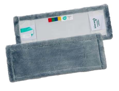 Grauer Moppbezug mit Mikrofaserstruktur und weißer Rückseite mit farbigen Etiketten für die professionelle Bodenreinigung Grauer Moppbezug mit Mikrofaserstruktur und weißer Rückseite mit farbigen Etiketten für die professionelle Bodenreinigung