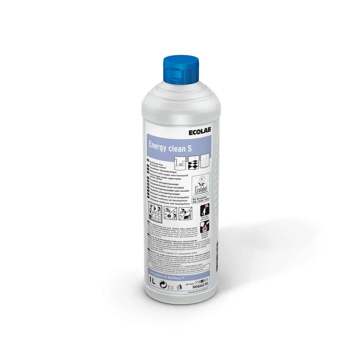Ecolab Energy Clean S Reinigungskonzentrat in weißer Flasche mit blauem Deckel für professionelle Gebäudereinigung Ecolab Energy Clean S Reinigungskonzentrat in weißer Flasche mit blauem Deckel für professionelle Gebäudereinigung