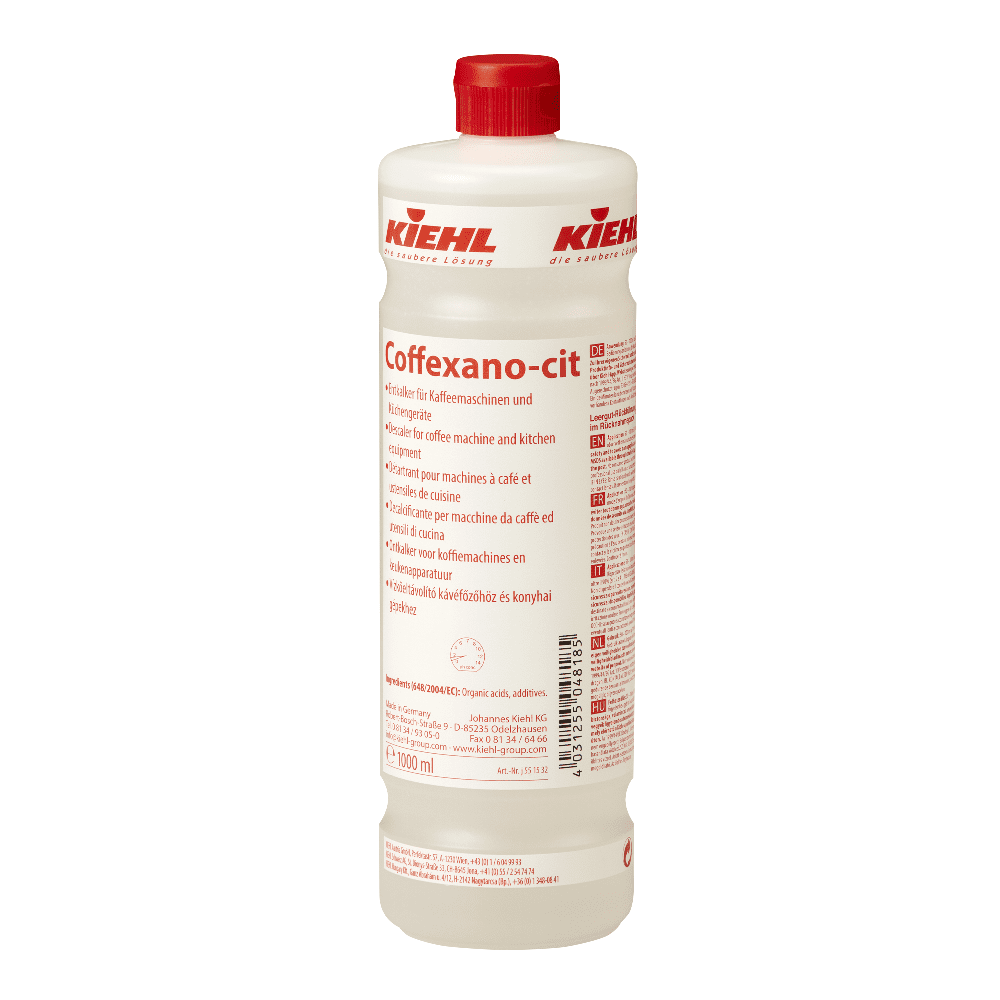 Kiehl Coffexano-cit Entkalker für Kaffeemaschinen und Küchengeräte in weißer Flasche mit rotem Deckel Kiehl Coffexano-cit Entkalker für Kaffeemaschinen und Küchengeräte in weißer Flasche mit rotem Deckel