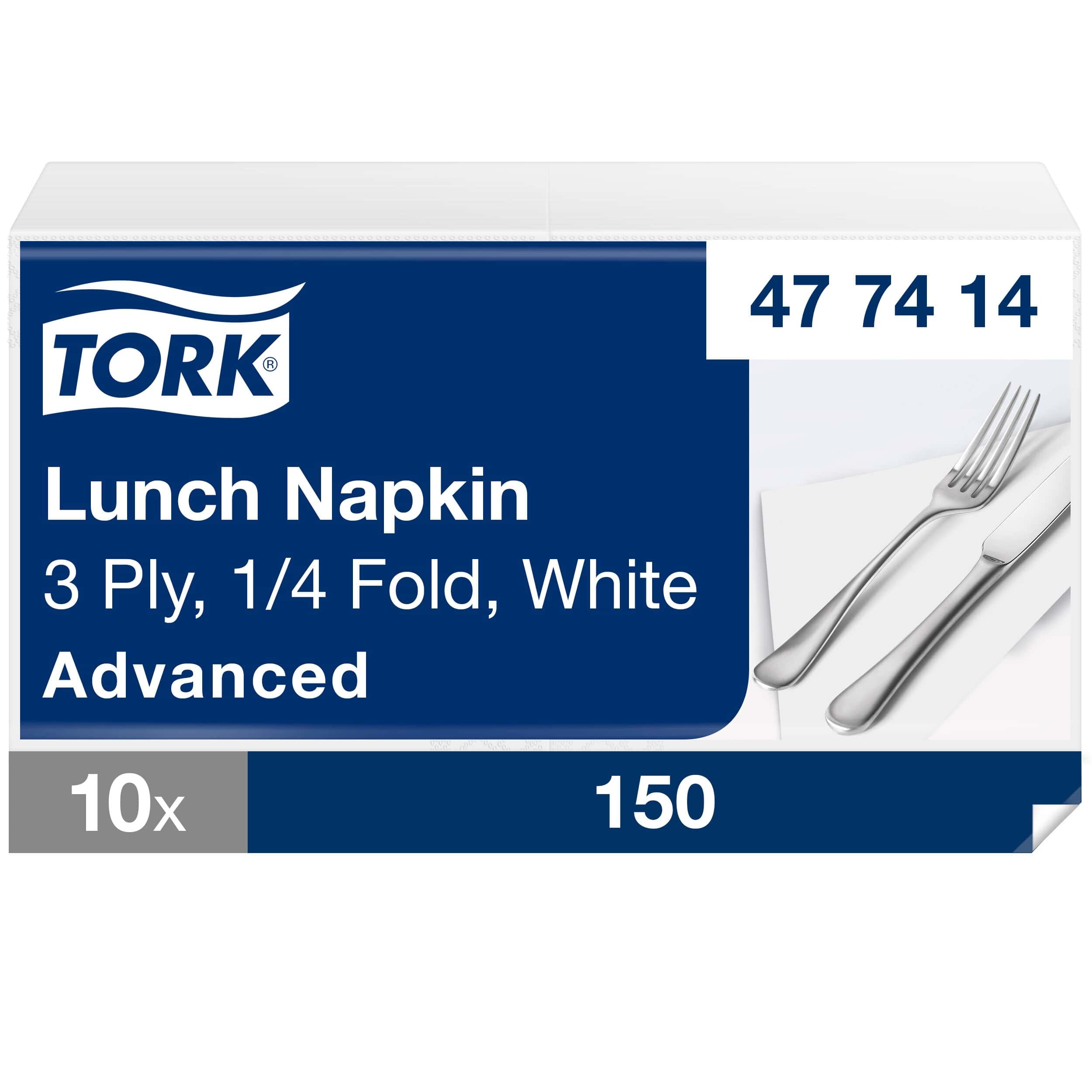 Tork Lunch-Serviette, 3-lagig, Weiß, 150 Stück Tork Lunch-Serviettenverpackung, 3-lagig, 1/4-Faltung, Weiß, 150 Stück.