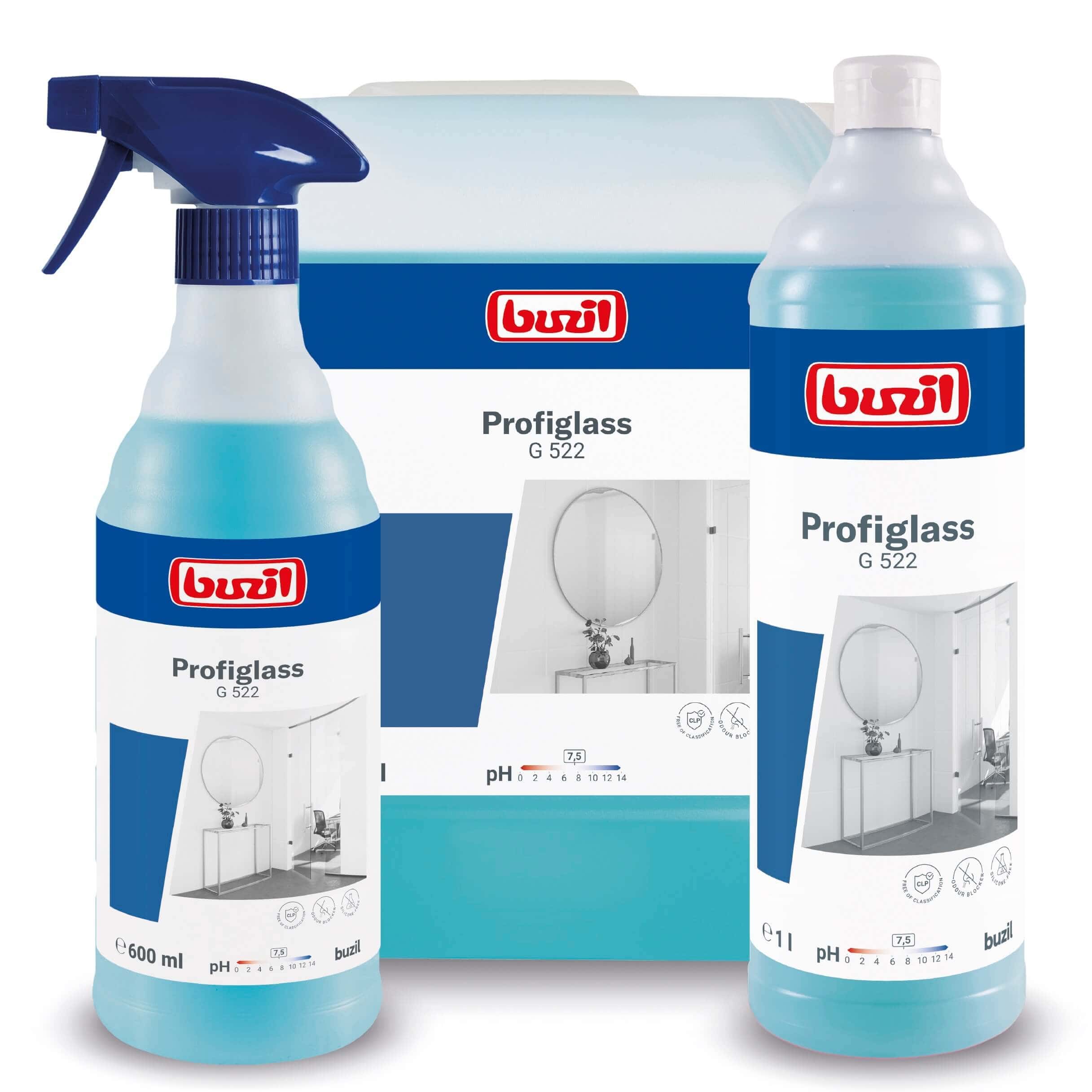 Buzil Profiglass G 522 Glasreiniger Buzil Profiglass G 522 Glasreiniger in einer Sprühflasche, einer Nachfüllflasche und einem großen Kanister für die professionelle Reinigung