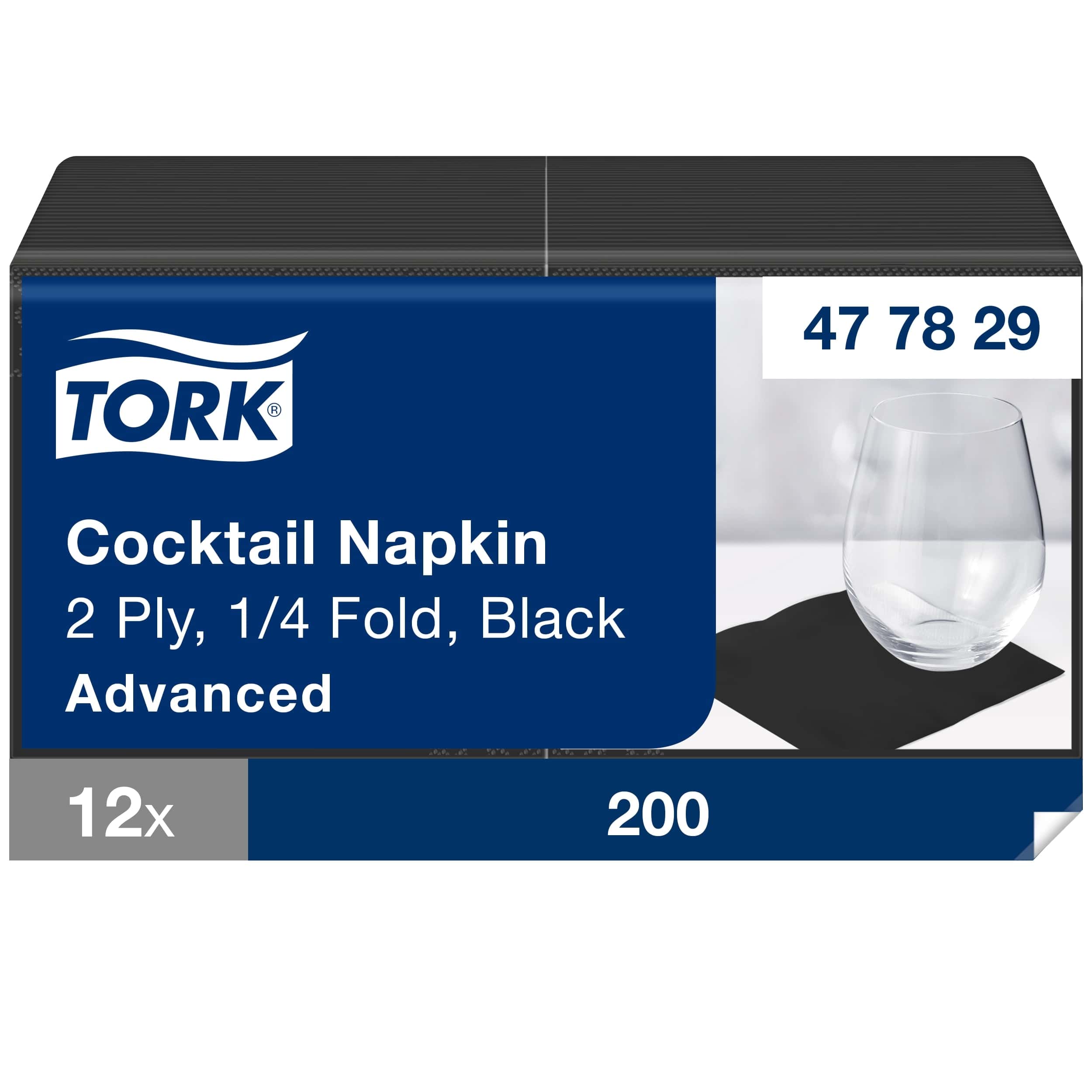 Tork Cocktailserviette, Schwarz, 2-lagig, 1/4-Faltung Tork Cocktailservietten in Schwarz, 2-lagig, 1/4-Falzverpackung mit Glas.