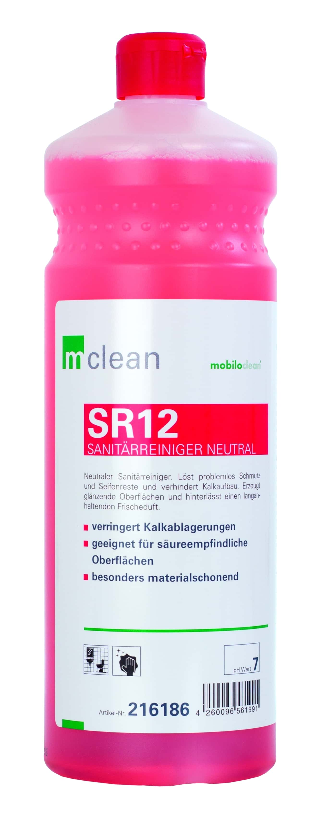 mclean SR12 Neutral Sanitärreiniger Flasche mclean SR12 neutrale Sanitärreinigerflasche mit rosa Flüssigkeit und Etikett