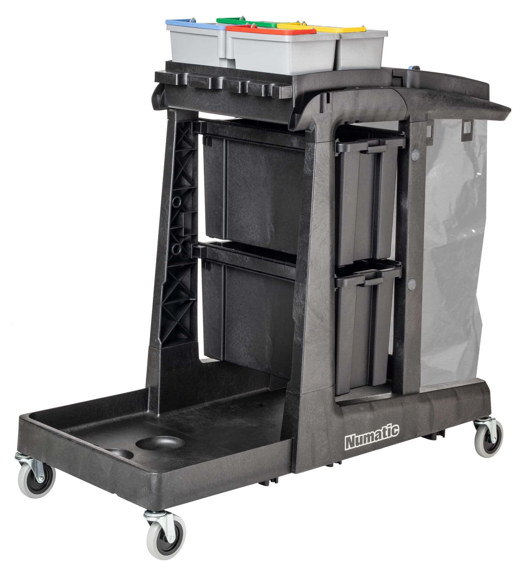 Numatic Profi-Reinigungswagen Numatic-Reinigungswagen mit schwarzem Rahmen, Lagerbehältern und farbcodierten Deckeln für die professionelle Gebäudewartung