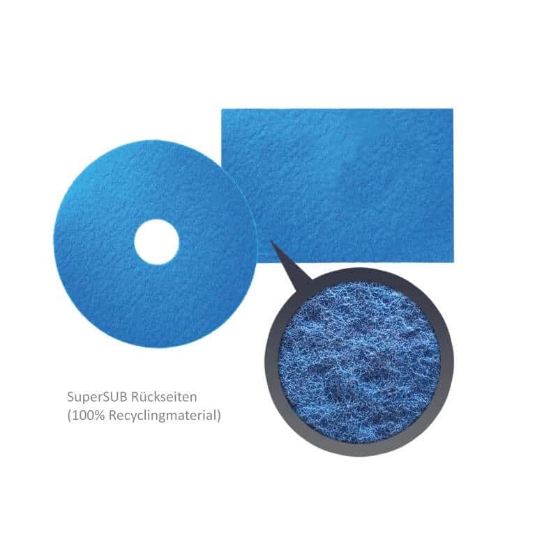 Blaue Reinigungspads für Bodenmaschinen Blaue Reinigungspads in runder und rechteckiger Form mit detaillierter Ansicht der strukturierten Oberfläche zur Bodenreinigung
