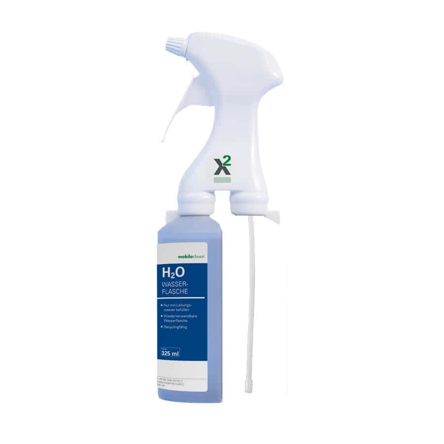 Mobiloclean-Sprühflasche Mobiloclean-Sprühflasche mit weißem Sprühkopf und blauer Flüssigkeit für die professionelle Oberflächenreinigung und -pflege