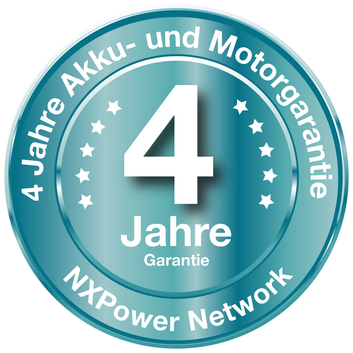 Rundes blaues Garantiesiegel für NXPower Network-Maschinen mit einer vierjährigen Batterie- und Motorgarantie für die Geräte