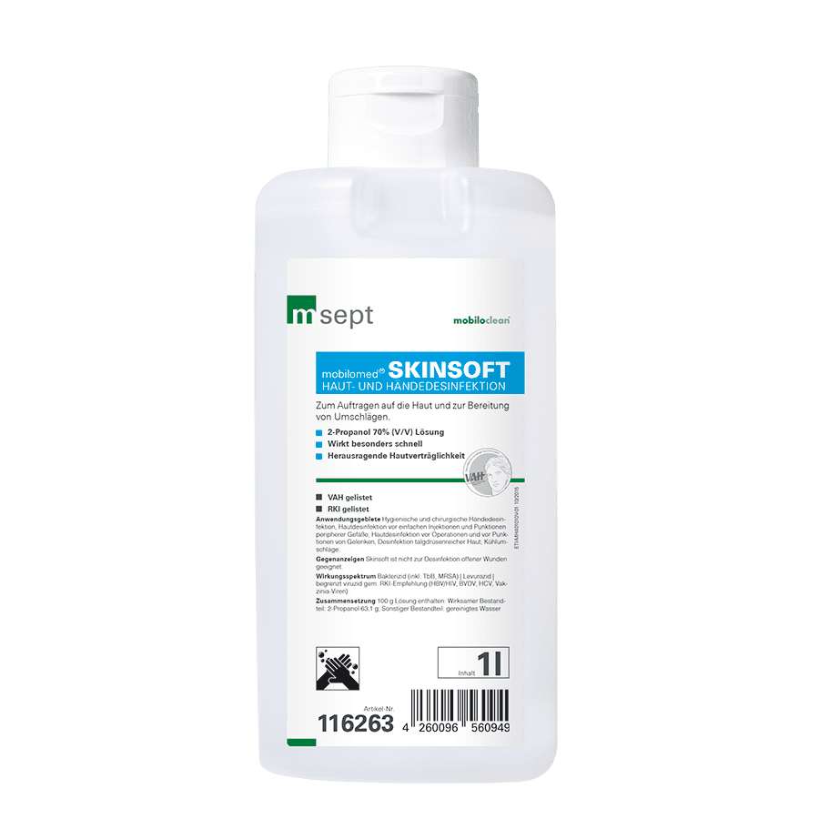 mobilo med SKINSOFT Haut- und Händedesinfektion im weißen 1-Liter-Kanister mit blau-grünem Etikett mobilo med SKINSOFT Haut- und Händedesinfektion im weißen 1-Liter-Kanister mit blau-grünem Etikett