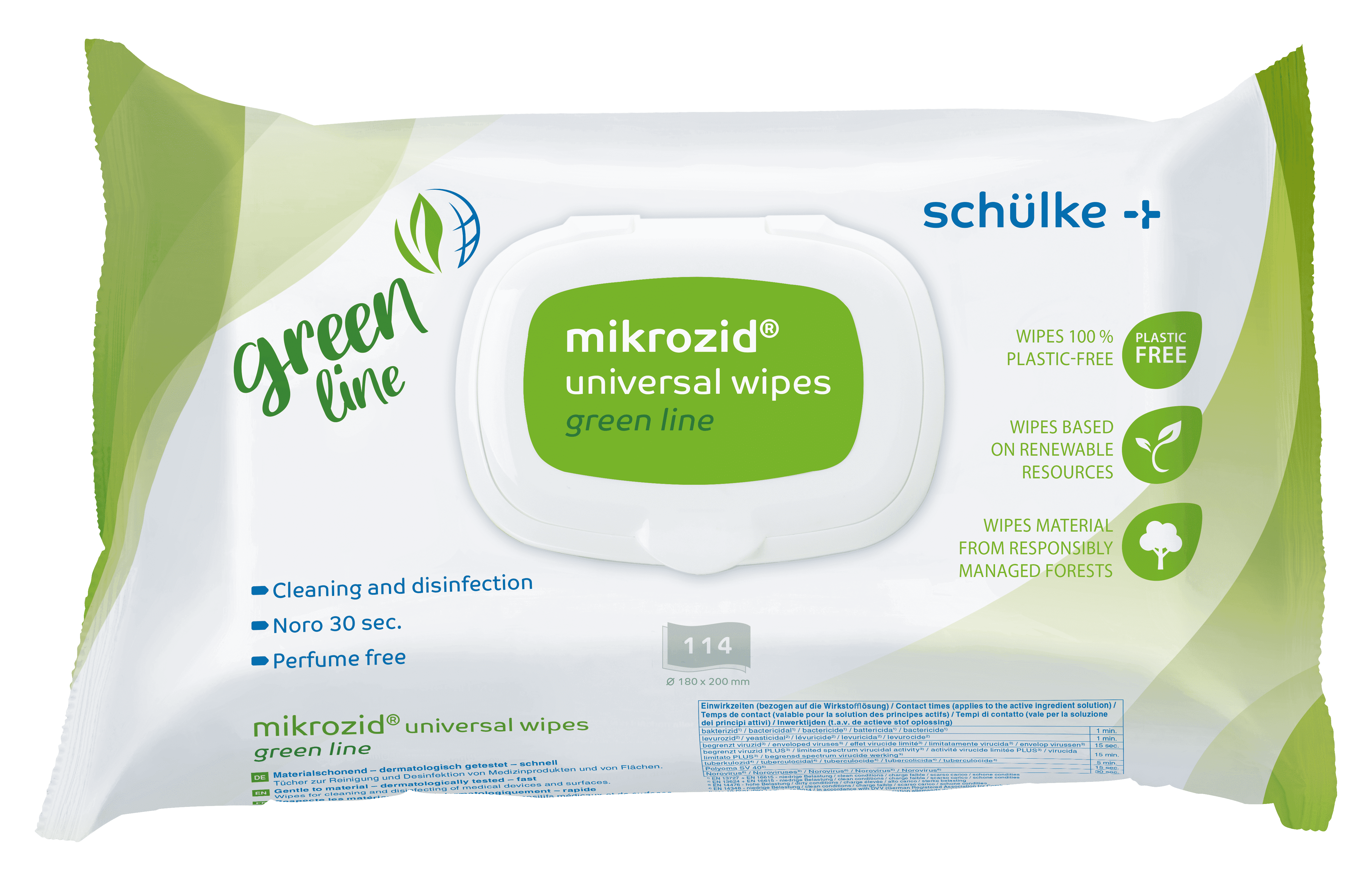 Schulke Mikrozid Universal Wipes Green Line Reinigungstücher in einer weiß-grünen Kunststoffverpackung zur Flächendesinfektion