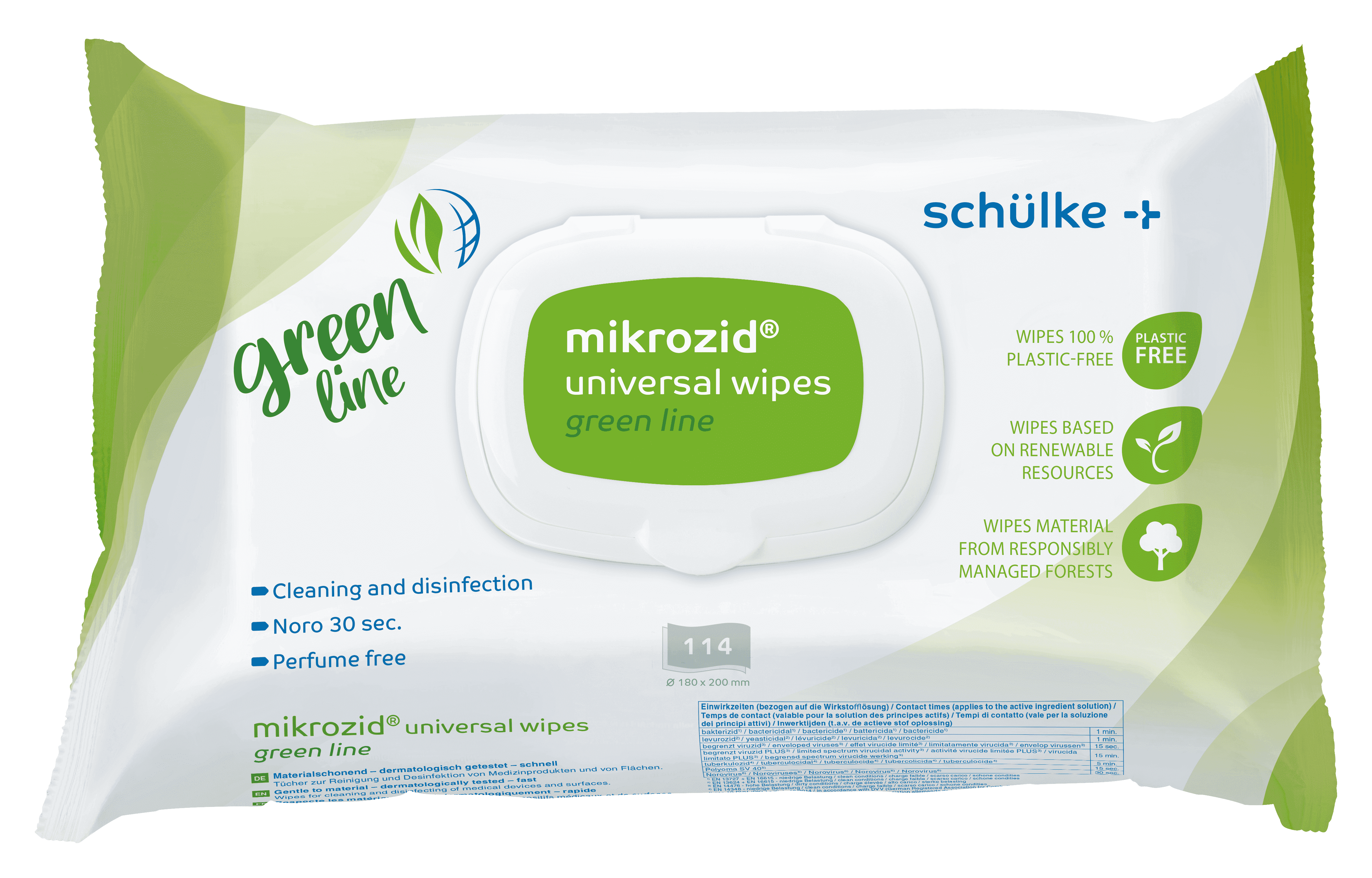 Schulke Mikrozid Universal Wipes Green Line Schulke Mikrozid Universal Wipes Green Line Reinigungstücher in einer weiß-grünen Kunststoffverpackung zur Flächendesinfektion