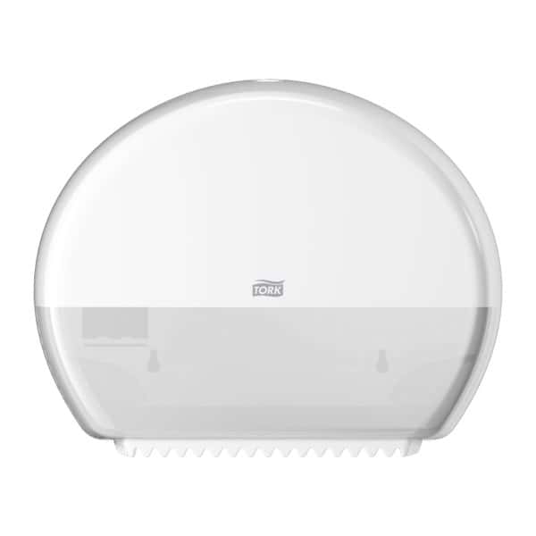 Tork Mini Jumbo Toilettenpapierspender Tork Mini Jumbo Toilettenpapierspender in Weiß, Vorderansicht.