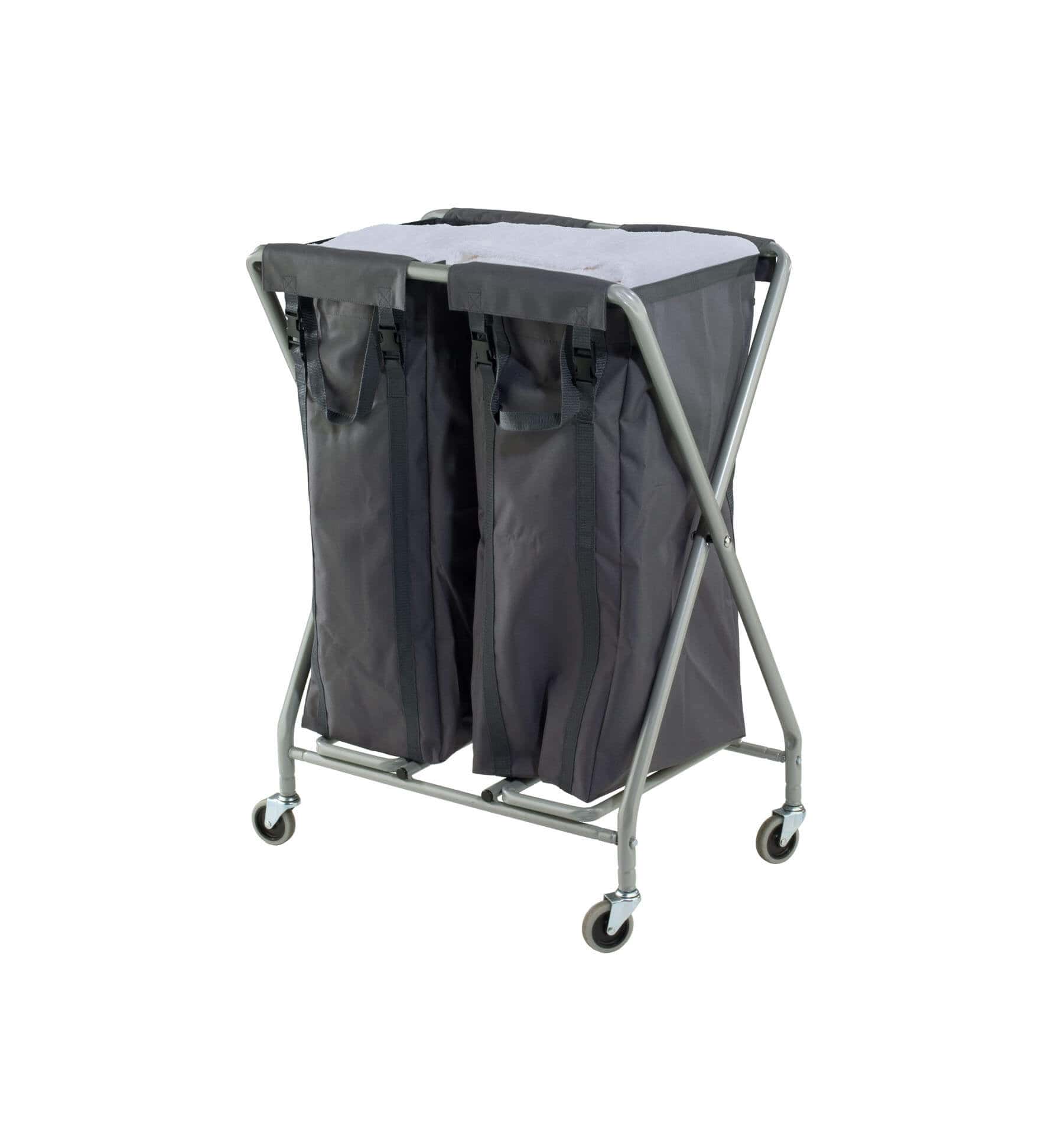 Doppelter Wäschewagen Doppelter Wäschewagen mit grauem Metallgestell und zwei dunkelgrauen Stofftaschen auf Rollen für die professionelle Gebäudereinigung