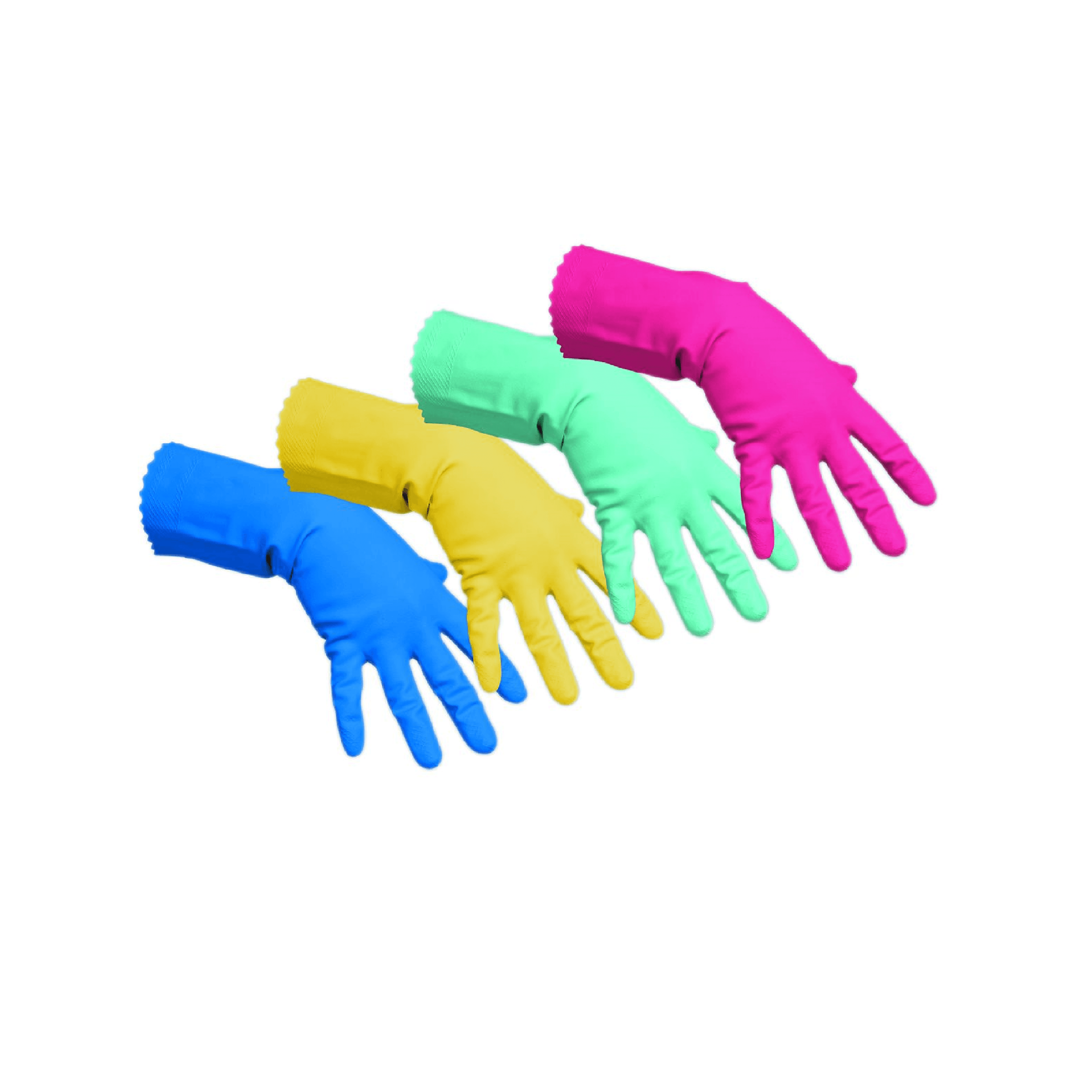 Bunte Gummi-Reinigungshandschuhe Set aus vier bunten Gummi-Reinigungshandschuhen in Blau, Gelb, Hellgrün und Pink für die professionelle Gebäudereinigung