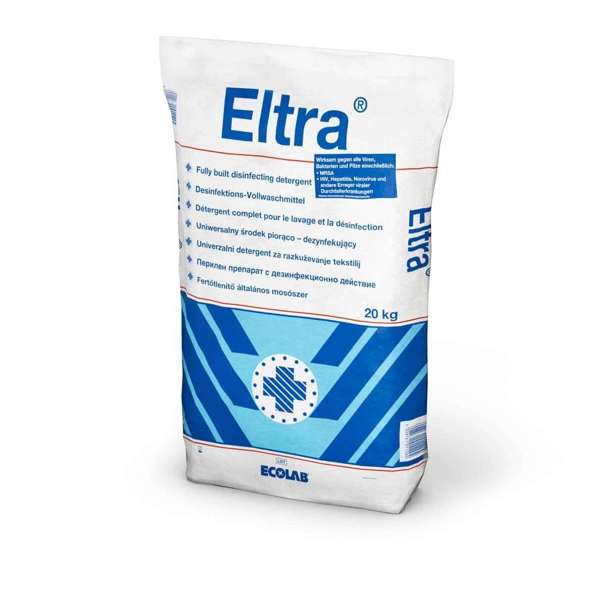 Ecolab Eltra Desinfektionsmittel 20 kg Ecolab Eltra Desinfektionsmittel im weißen 20-kg-Beutel mit blauer Beschriftung für professionelle Textilreinigungsaufgaben