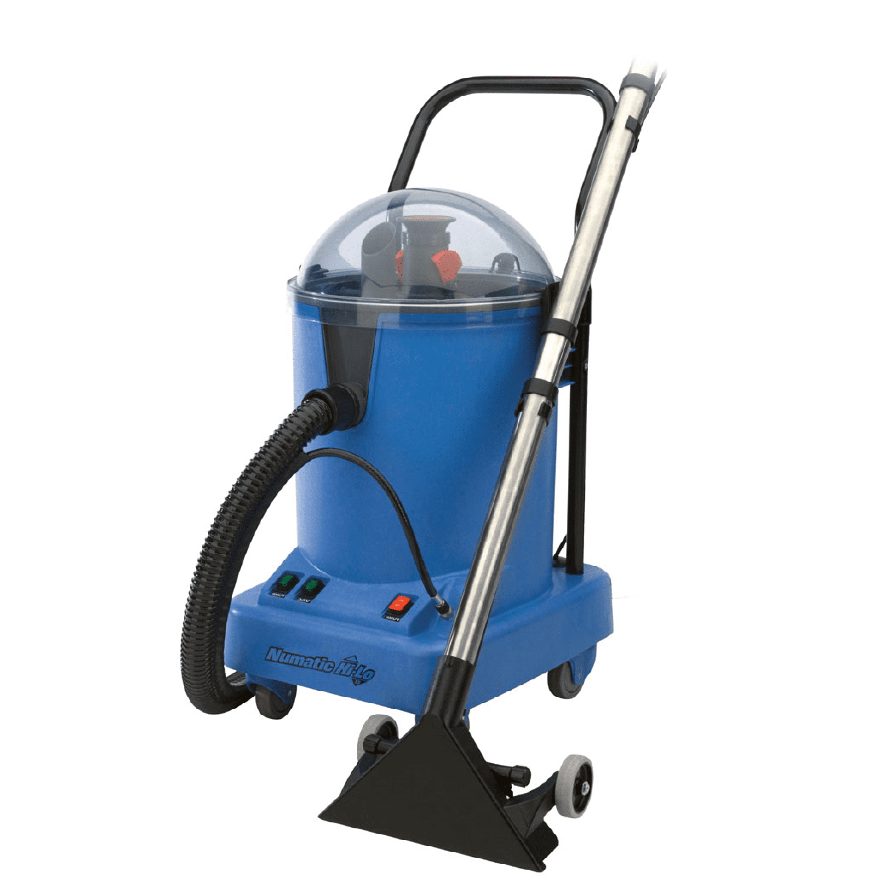 Numatic HL15 Sprühextraktionsgerät in Blau mit transparentem Tank, schwarzem Saugschlauch und Bodendüse für die Teppichreinigung. Numatic HL15 Sprühextraktionsgerät in Blau mit transparentem Tank, schwarzem Saugschlauch und Bodendüse für die Teppichreinigung.