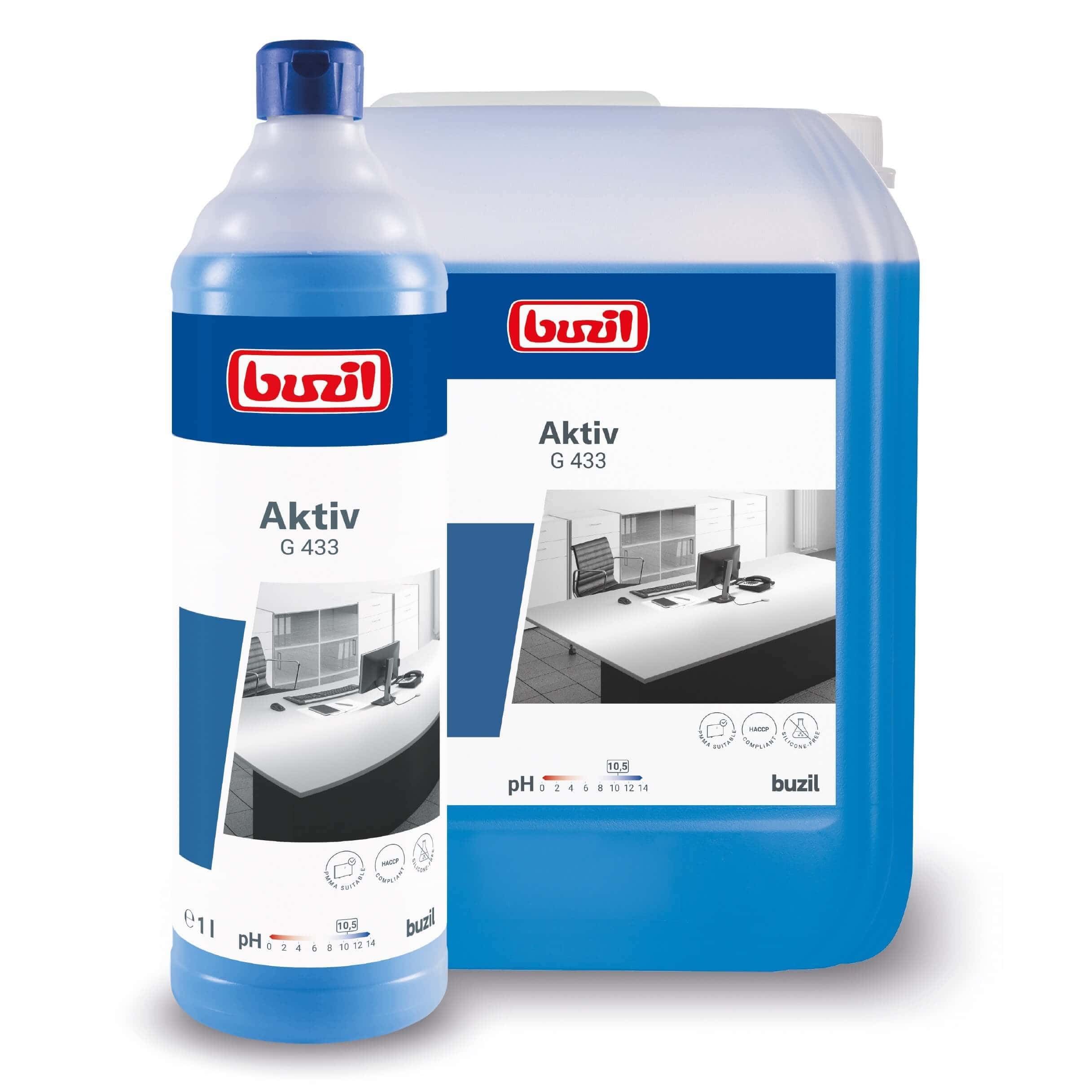 Buzil Aktiv G 433 Allzweckreiniger Buzil Aktiv G 433 Allzweckreiniger in blauer Flasche und passendem Kanister für die professionelle Bürogebäudereinigung