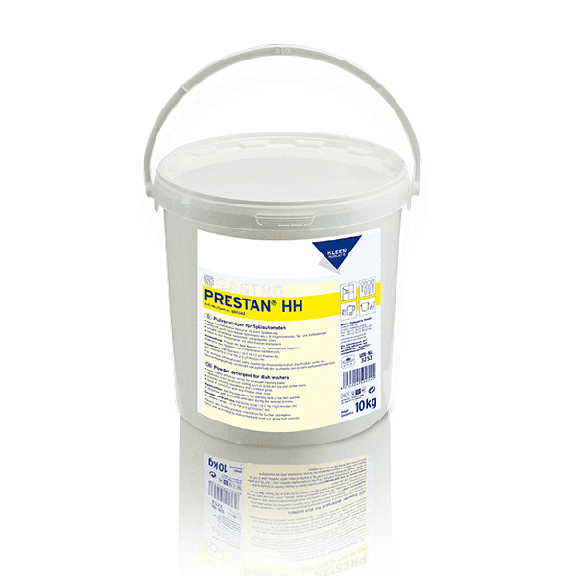 Prestan HH 10 kg Geschirrreiniger in Pulverform Prestan HH 10 kg pulverförmiger Geschirrreiniger in einem weißen Eimer mit Henkel.