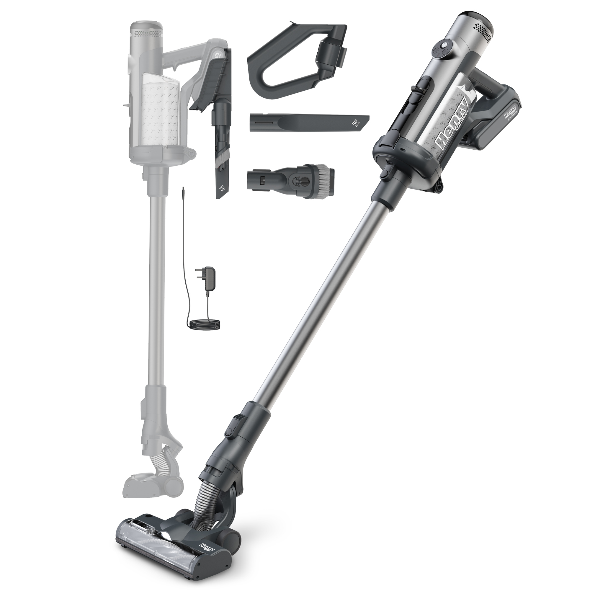 Henry Quick  Akku-Staubsauger mit silbernem Gehäuse, Bodendüse und diversem Zubehör für flexible Reinigung