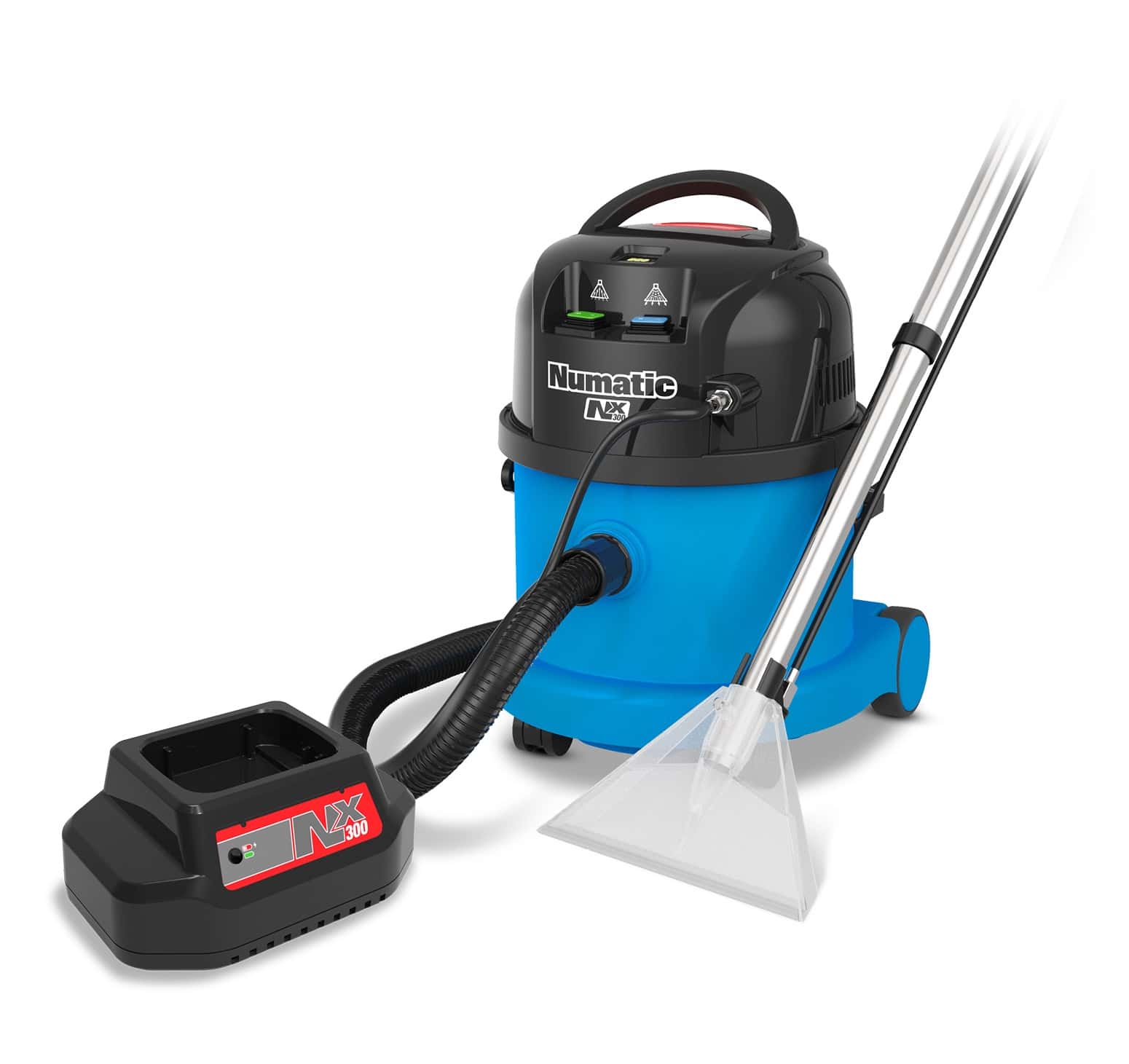 Numatic Sprühextraktionsgerät mit blauem Tank, schwarzem Gehäuse und transparentem Saugrohr für Teppichreinigung Numatic Sprühextraktionsgerät mit blauem Tank, schwarzem Gehäuse und transparentem Saugrohr für Teppichreinigung