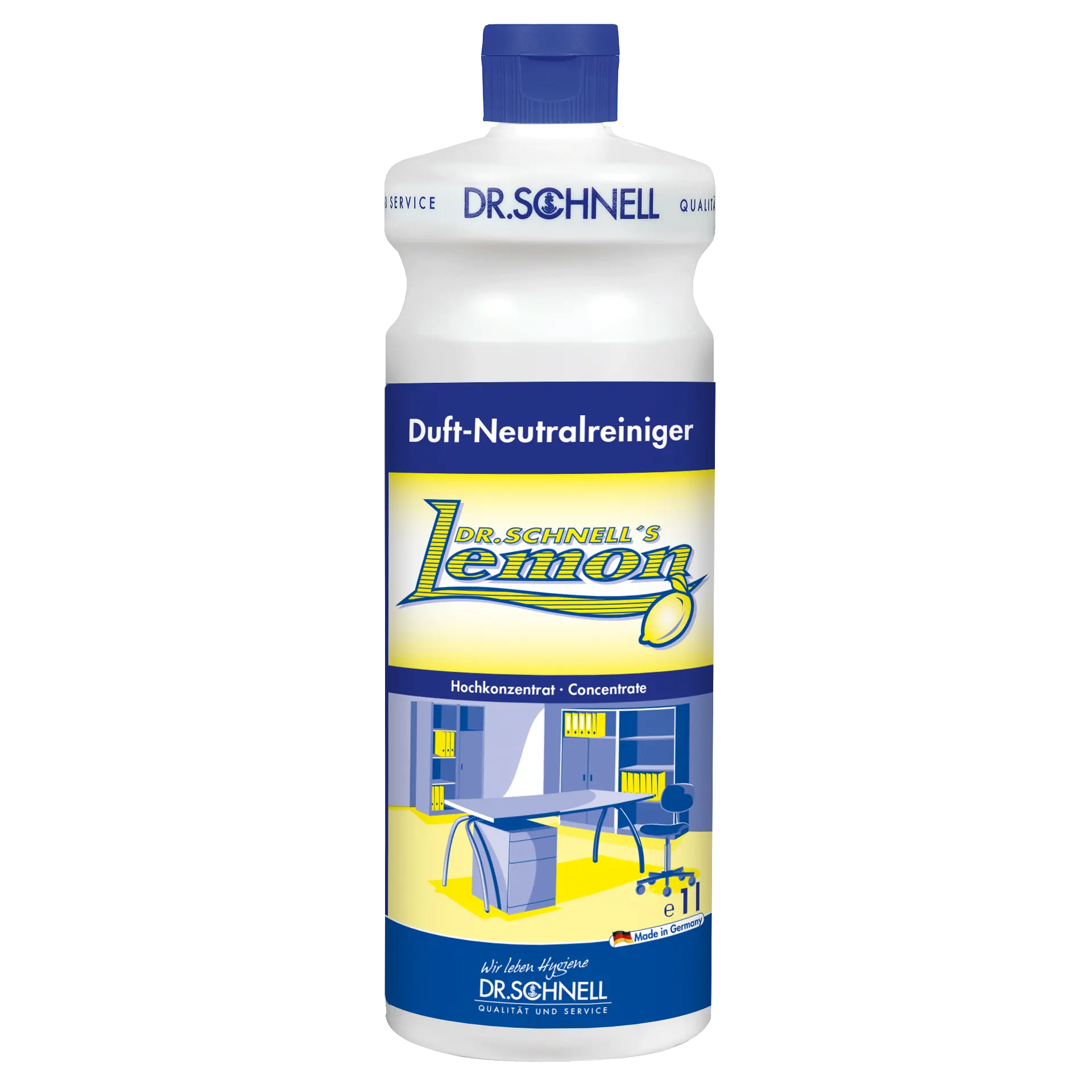 Dr. Schnell Duft-Neutralreiniger Lemon Konzentrat in weißer Flasche mit blauem Deckel und Etikett für Gebäudereinigung Dr. Schnell Duft-Neutralreiniger Lemon Konzentrat in weißer Flasche mit blauem Deckel und Etikett für Gebäudereinigung