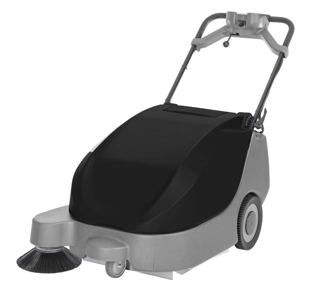 Kehrmaschine mit schwarzem Gehäuse und Bürstenkopf für die Reinigung großer Flächen Kehrmaschine mit schwarzem Gehäuse und Bürstenkopf für die Reinigung großer Flächen