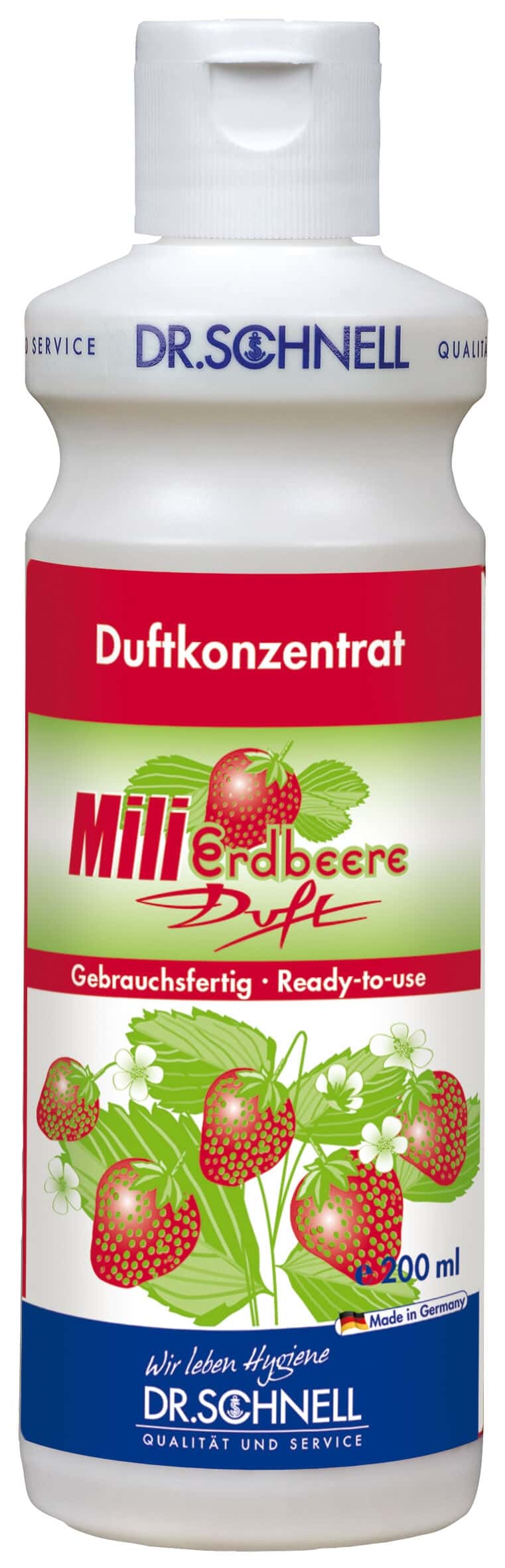 Dr. Schnell Mili Erdbeerduftkonzentrat 200 ml Dr. Schnell Mili Erdbeerduftkonzentrat in der 200 ml Dosierflasche für professionelle Raumbeduftungsanwendungen