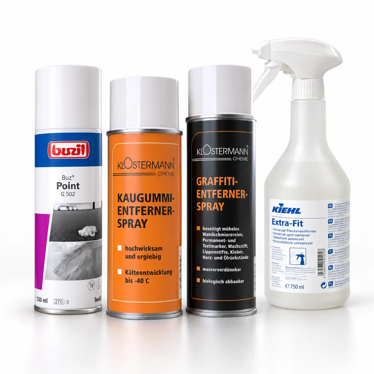 Auswahl an professionellen Reinigungssprays und Fleckentfernern von Buzil, Klostermann und Kiehl
