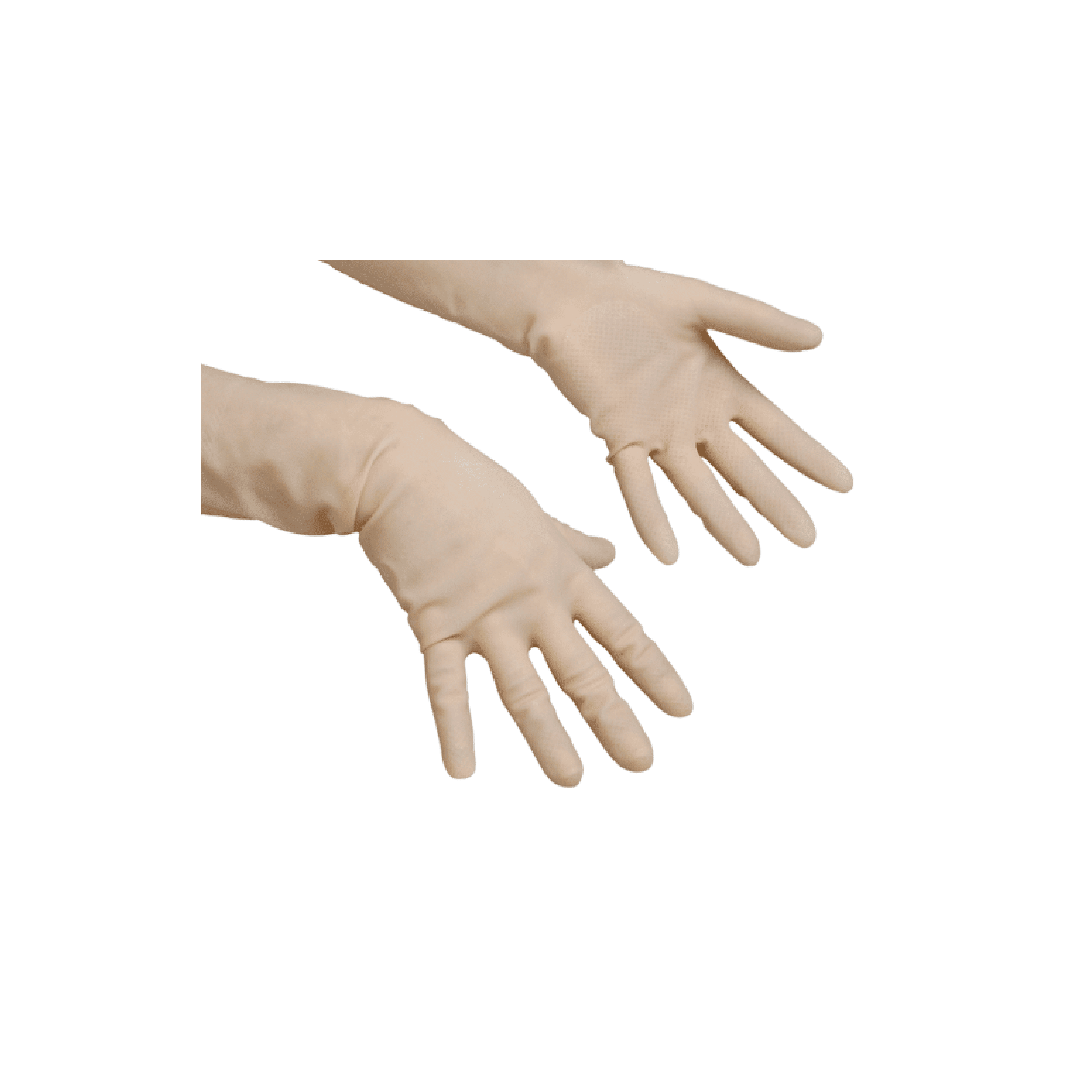 Beige Gummihandschuhe Beige Gummihandschuhe in Frontansicht mit sichtbaren Fingern