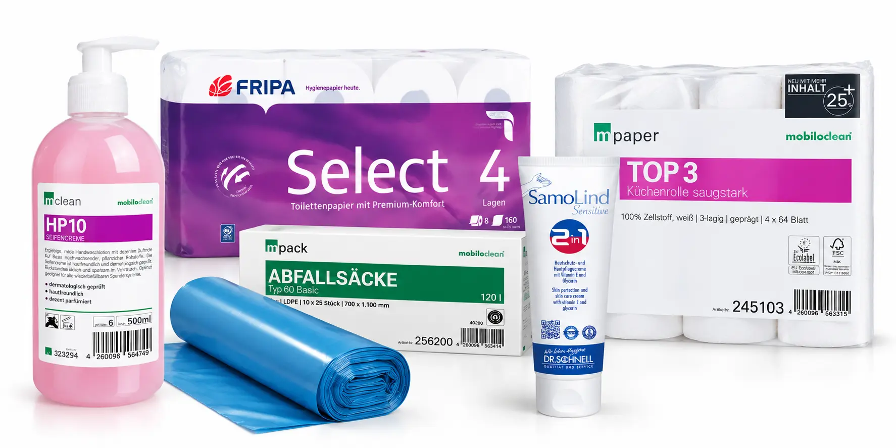 Verschiedene Reinigungs- und Hygieneartikel, darunter Seife, Papierhandtücher, Müllbeutel und Hautcreme