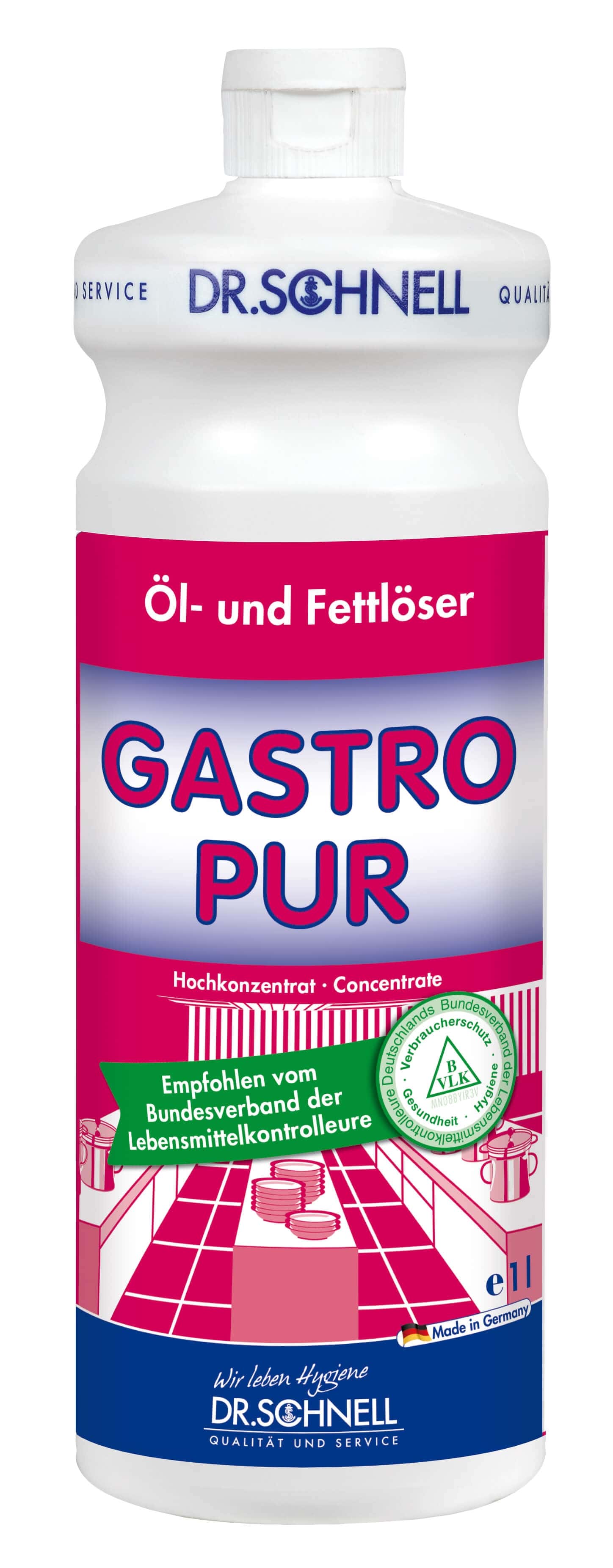 Dr. Schnell Gastro Pur Öl- und Fettentferner Dr. Schnell Gastro Pur Öl- und Fettentferner in der 1-Liter-Flasche für die professionelle Küchen- und Oberflächenreinigung